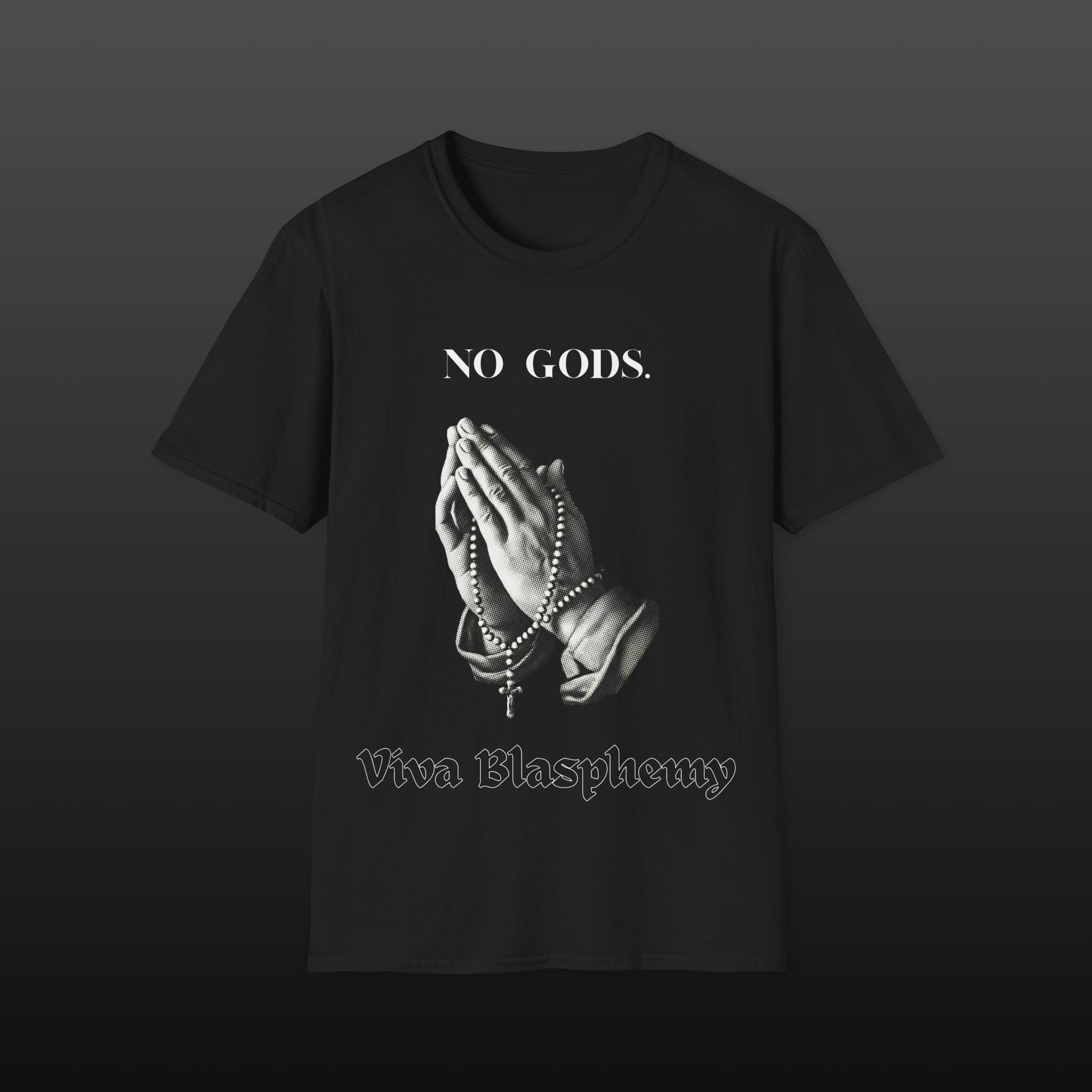 Black Metal T-Shirt — "No Gods" T-Shirt mit betenden Händen (Viva Blasphemy)