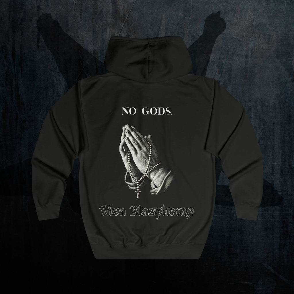 Black Metal Hoodie Zipper — "No Gods" Kapuzenjacke mit betenden Händen (Viva Blasphemy)