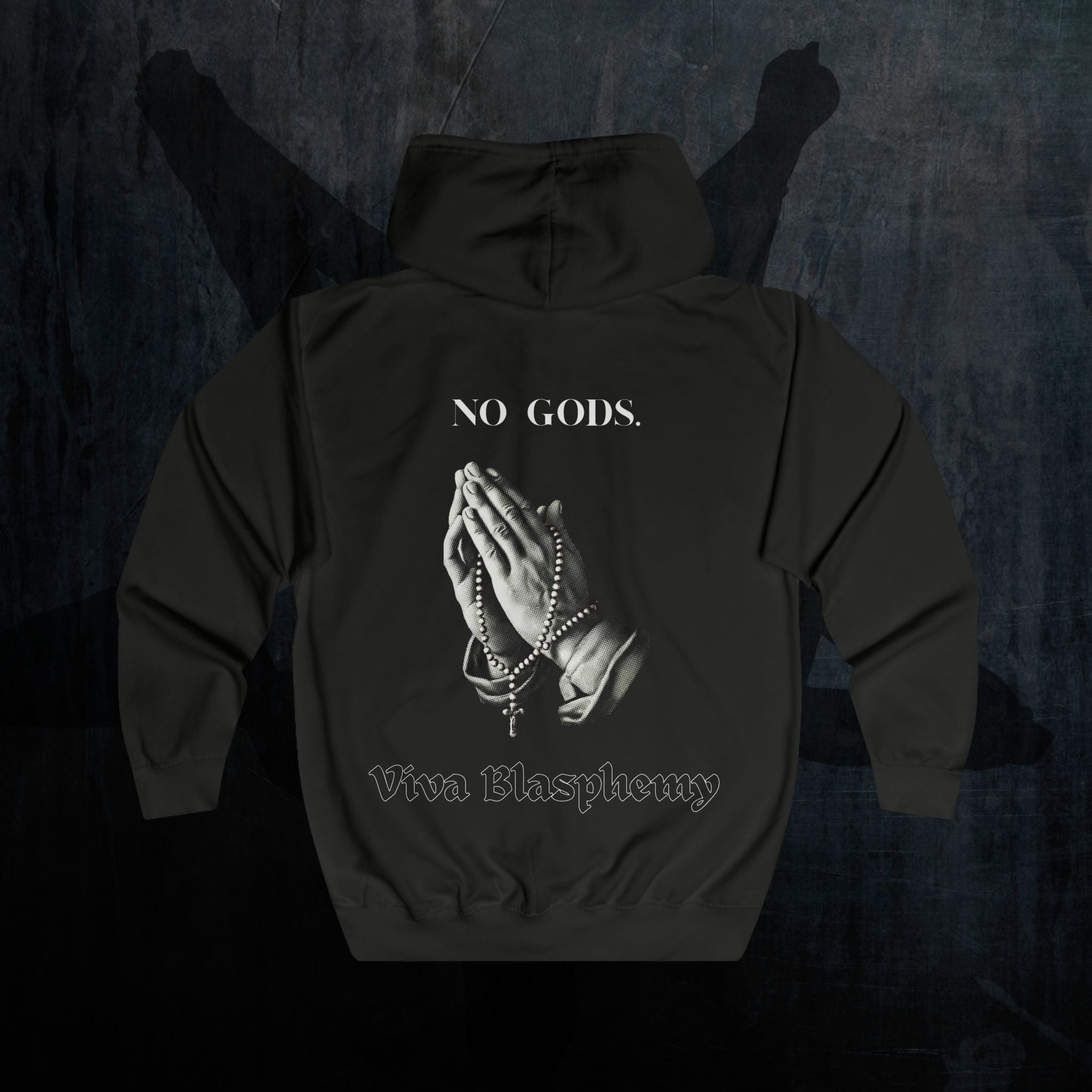 Black Metal Hoodie Zipper — "No Gods" Kapuzenjacke mit betenden Händen (Viva Blasphemy)