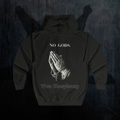 Black Metal Hoodie Zipper — "No Gods" Kapuzenjacke mit betenden Händen (Viva Blasphemy)