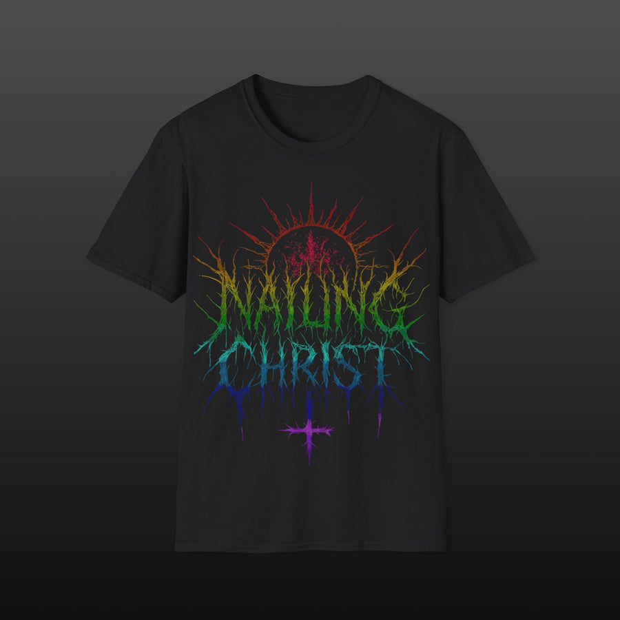 Black Metal "Nailing Christ" —  Rainbow Band Logo T-Shirt