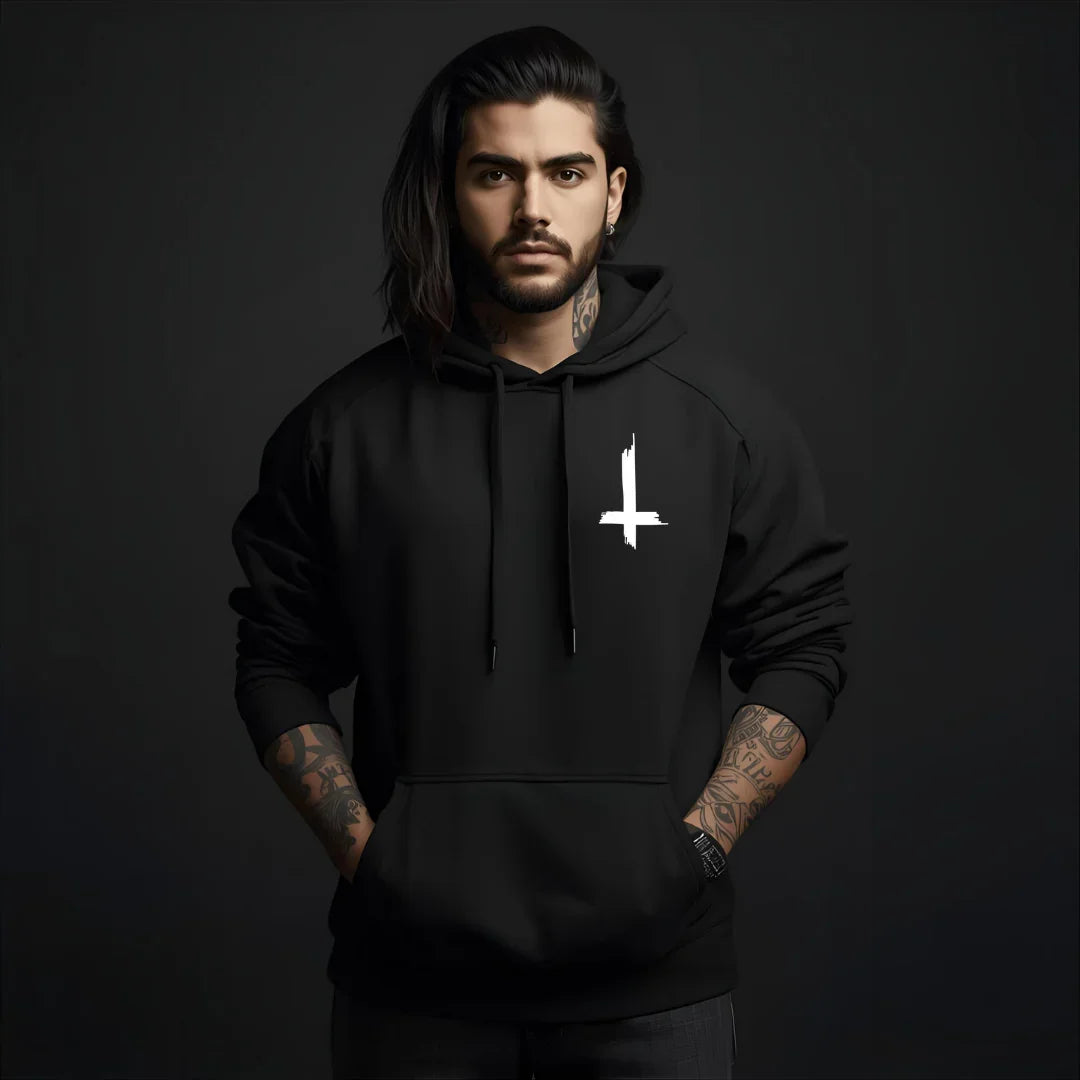 Black Metal Hoodie Inverted Cross Front Detail - Satanic Fashion Herren