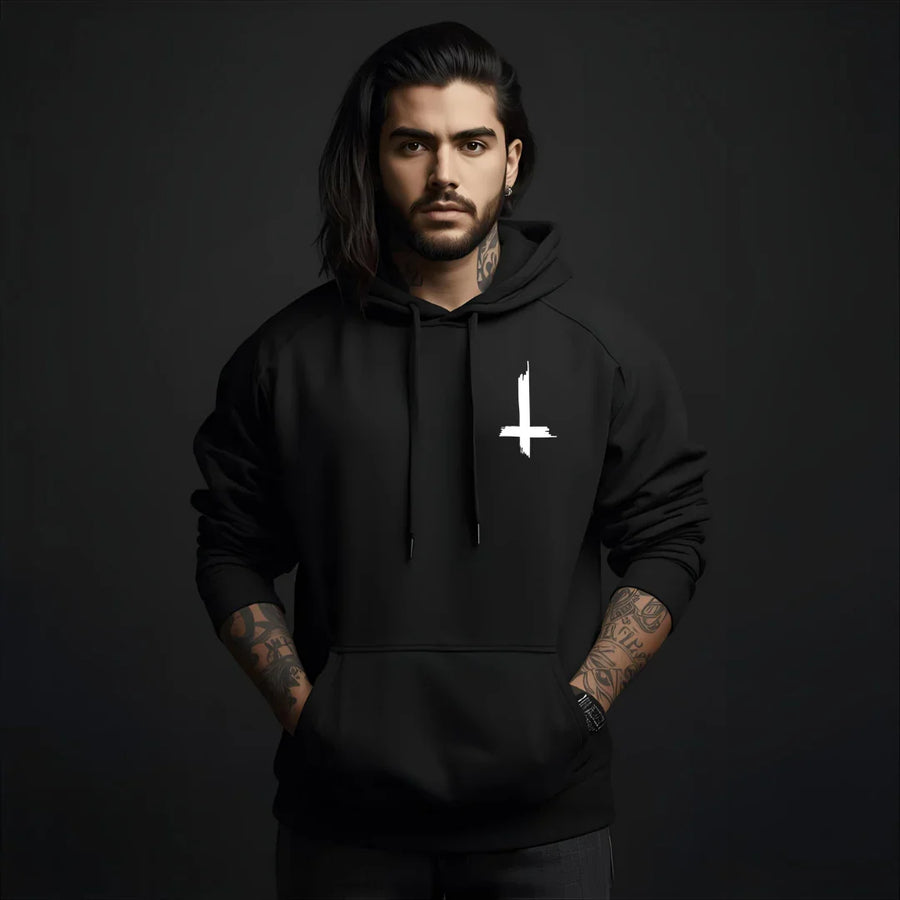 Black Metal Hoodie Inverted Cross Front Detail - Satanic Fashion Herren