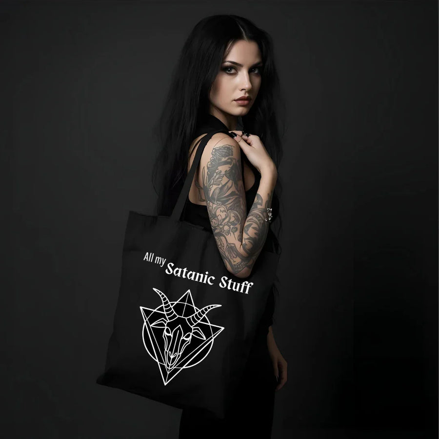 Black Metal Tote Bag All My Satanic Stuff - Pentagram Goat Skull Design