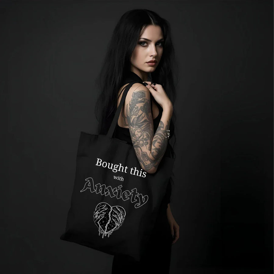 Gothic Anxiety Tote Bag Bought This With Anxiety - Schwarze Tasche mit Herz Design