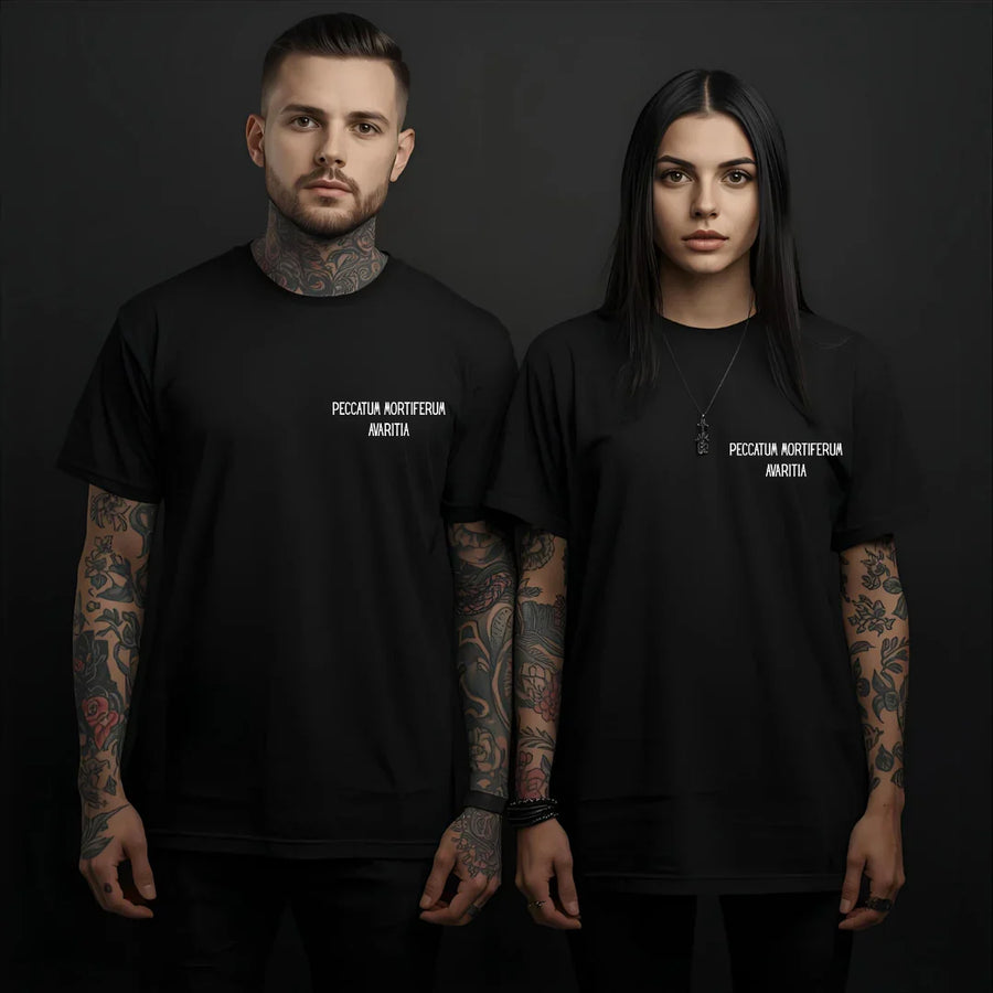Deadly Sin of Greed Mammon Shirt - Satanic Occult T-Shirt Chest Print Detail