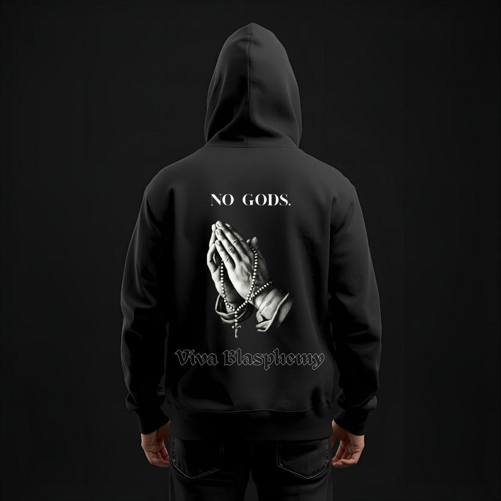 Black Metal Hoodie Zipper — "No Gods" Kapuzenjacke mit betenden Händen (Viva Blasphemy)