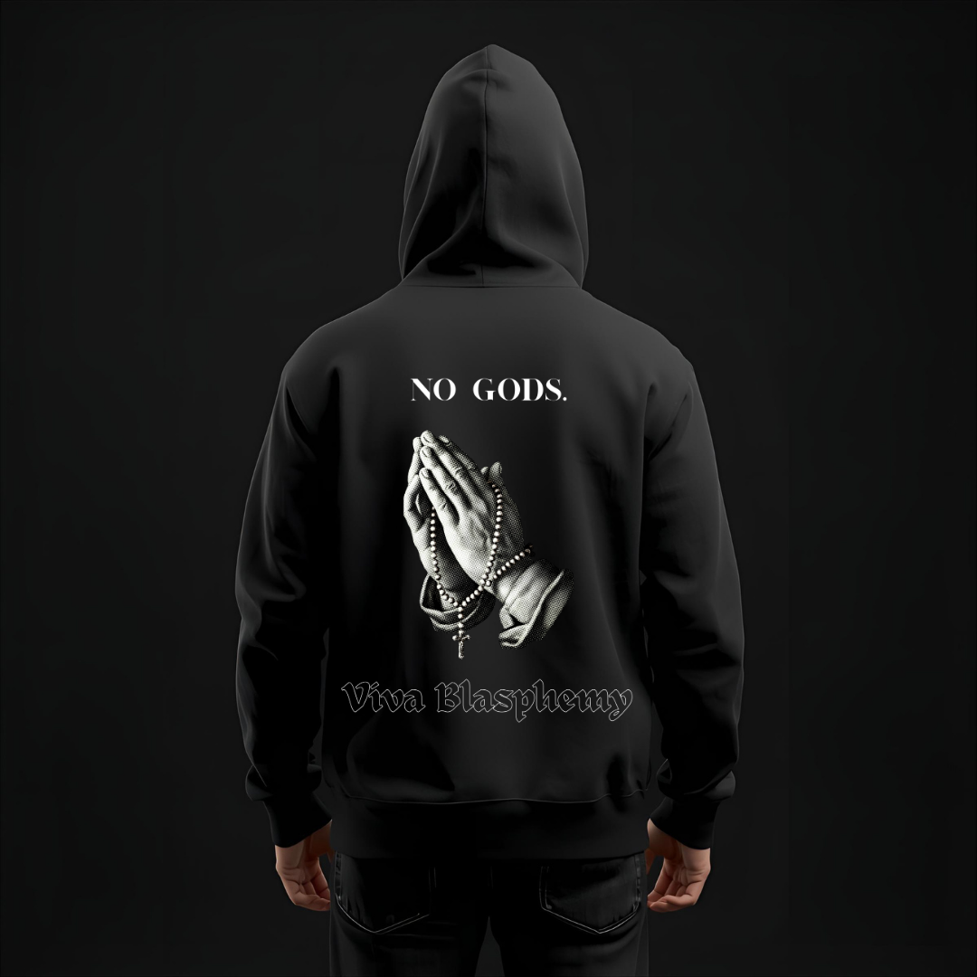 Black Metal Hoodie Zipper — "No Gods" Kapuzenjacke mit betenden Händen (Viva Blasphemy)