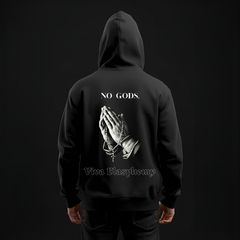 Black Metal Hoodie Zipper — "No Gods" Kapuzenjacke mit betenden Händen (Viva Blasphemy)