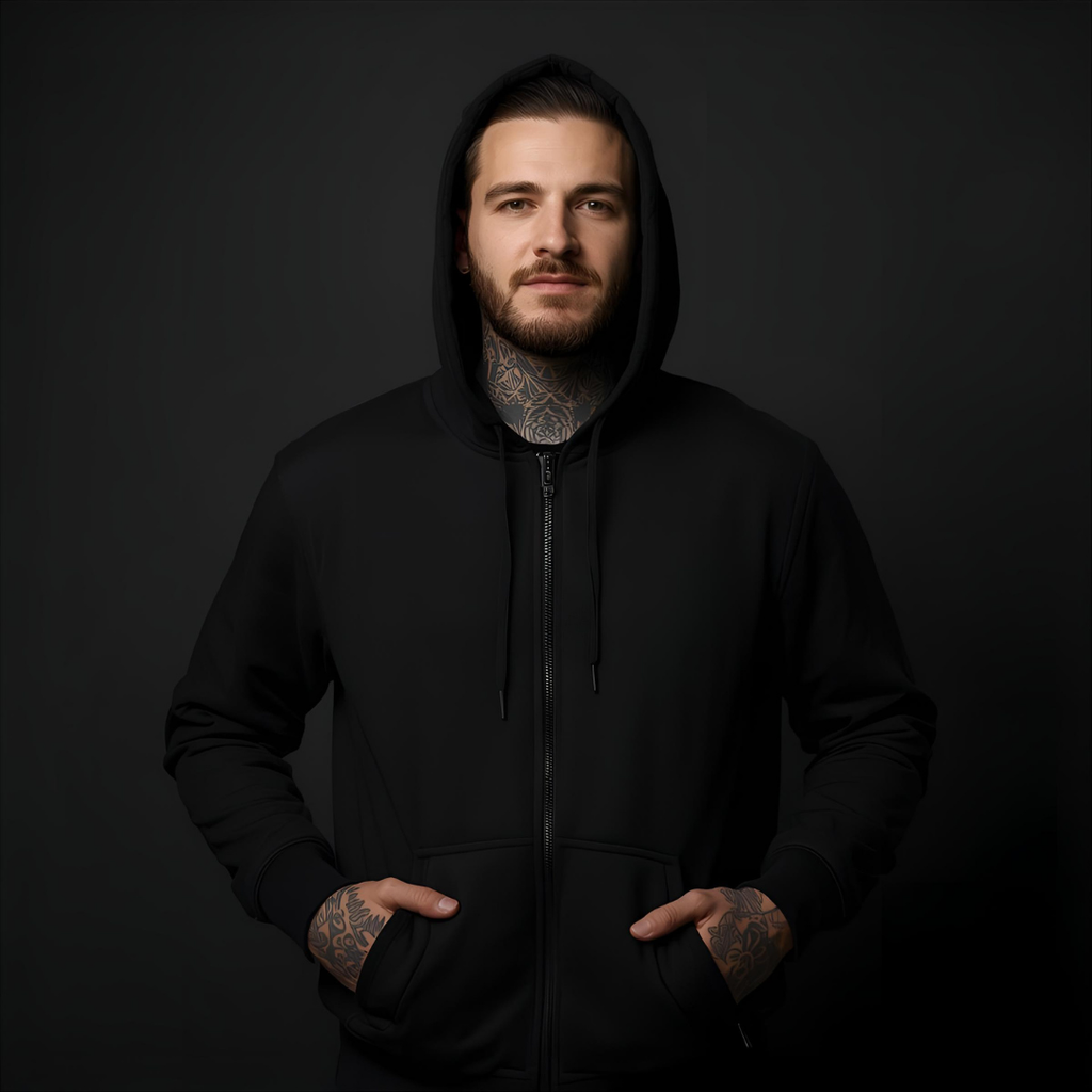 Black Metal Hoodie Zipper — "No Gods" Kapuzenjacke mit betenden Händen (Viva Blasphemy)