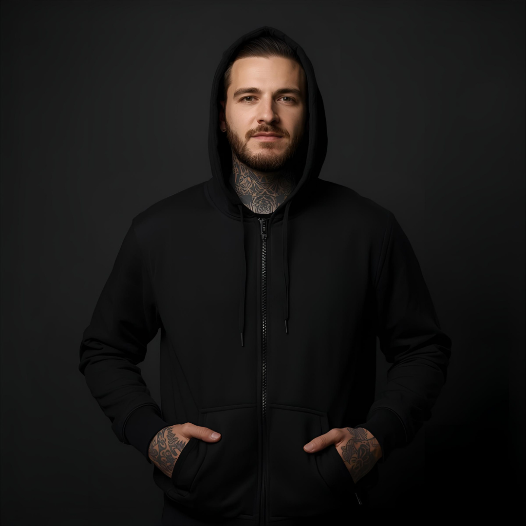 Black Metal Hoodie Zipper — "No Gods" Kapuzenjacke mit betenden Händen (Viva Blasphemy)