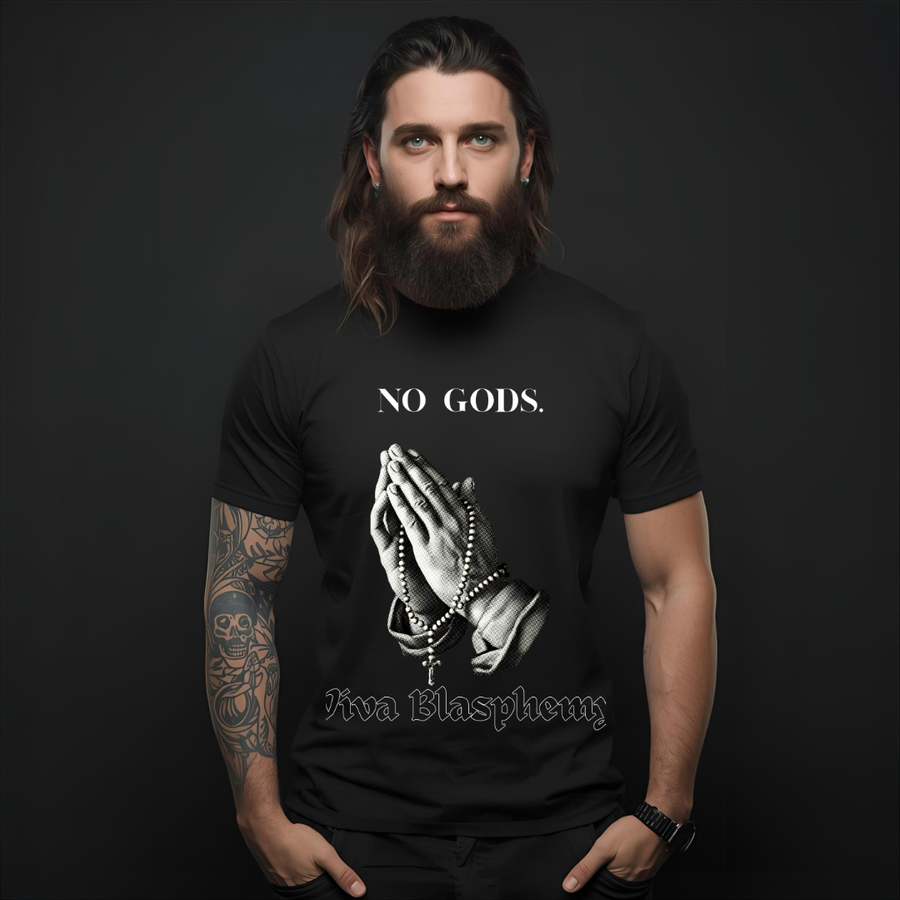 Black Metal T-Shirt — "No Gods" T-Shirt mit betenden Händen (Viva Blasphemy)