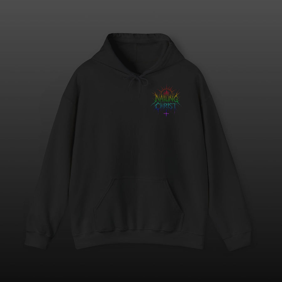 Black Metal "Nailing Christ" —  Band Logo Hoodie Rainbow