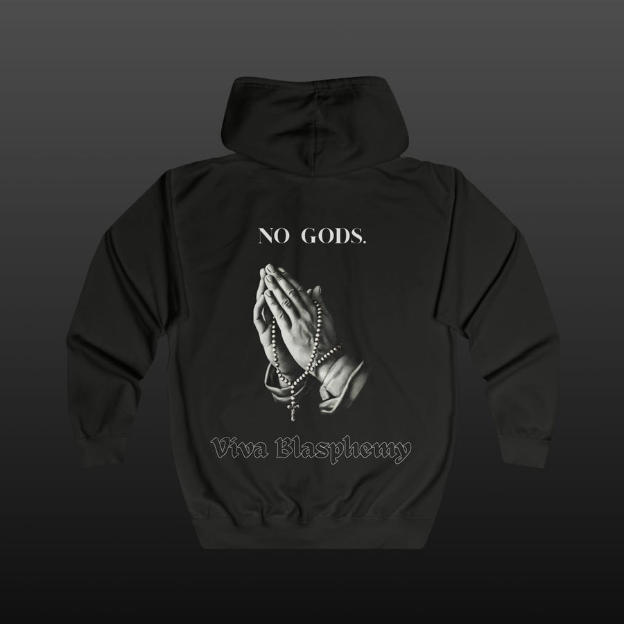 Black Metal Hoodie Zipper — "No Gods" Kapuzenjacke mit betenden Händen (Viva Blasphemy)