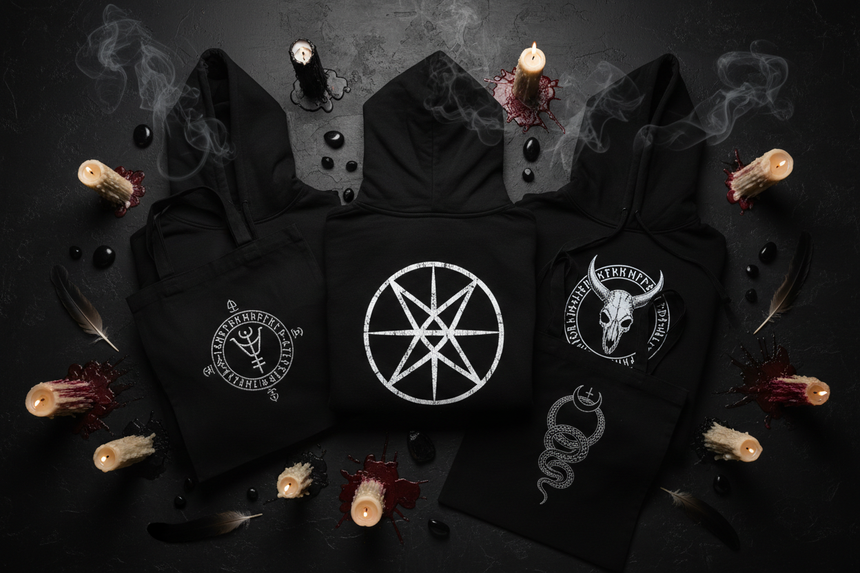 Nein, man soll von oben drauf gucken und es soll nichts mit Leder oder Nieten sein, keine Schuhe, eher sowas wie hoodies, Stofftaschen, Tshirts, oder einige dämonische zeichen, ein umgekehrtes Pentagramm oder das Sigel der Lilith 